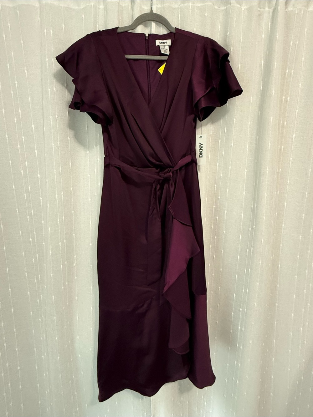 DKNY Plum Wrap Midi Dress with Ruffle Sleeve